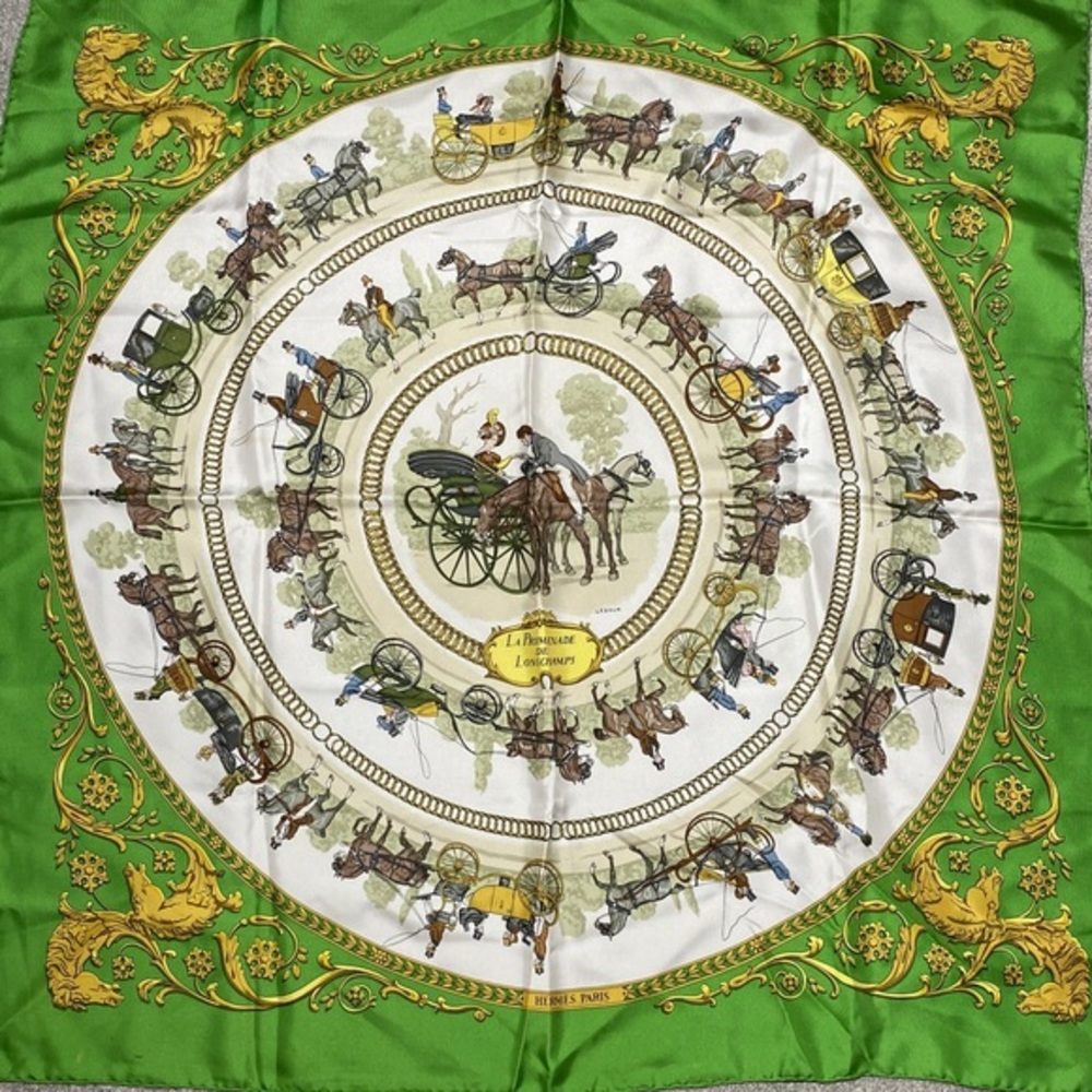 Authentic HERMES "LA PROMENADE DE LONGCHAMPS" Green 100% Silk Scarf
